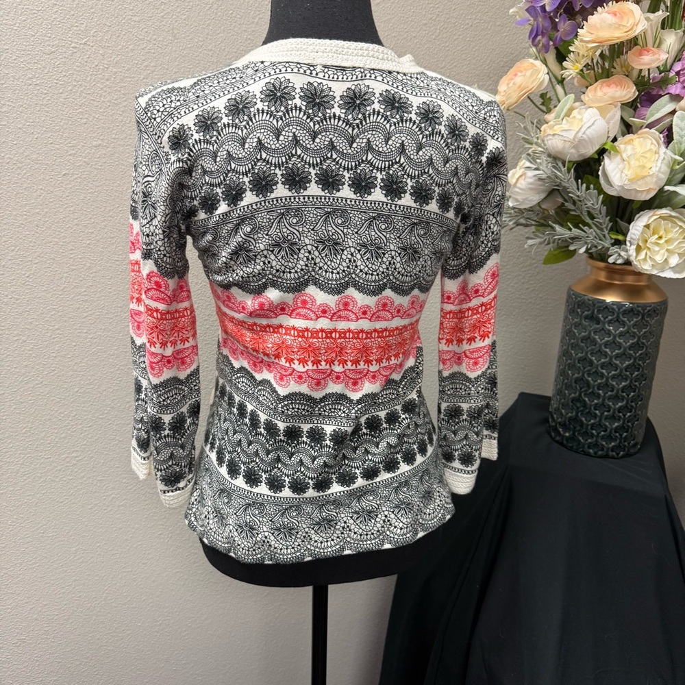 Aubergene Knit Cardigan S Black Coral Aztec Print Open Front 3/4 Sleeve Sweater - Picture 4 of 8